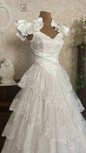 Load image into Gallery viewer, Stunning 1980’s Vintage White Satin and Tiered Lace Dream Dress
