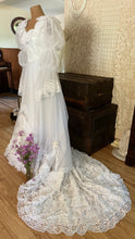 Load image into Gallery viewer, Fairytale 1980’s Vintage Old Stock White Lace and Chiffon Bridal Dress with Tiered Train
