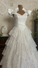 Load image into Gallery viewer, Stunning 1980’s Vintage White Satin and Tiered Lace Dream Dress
