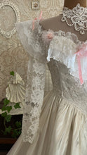 Load image into Gallery viewer, Incredible 1980’s Vintage White Satin and Pink Lace Dress
