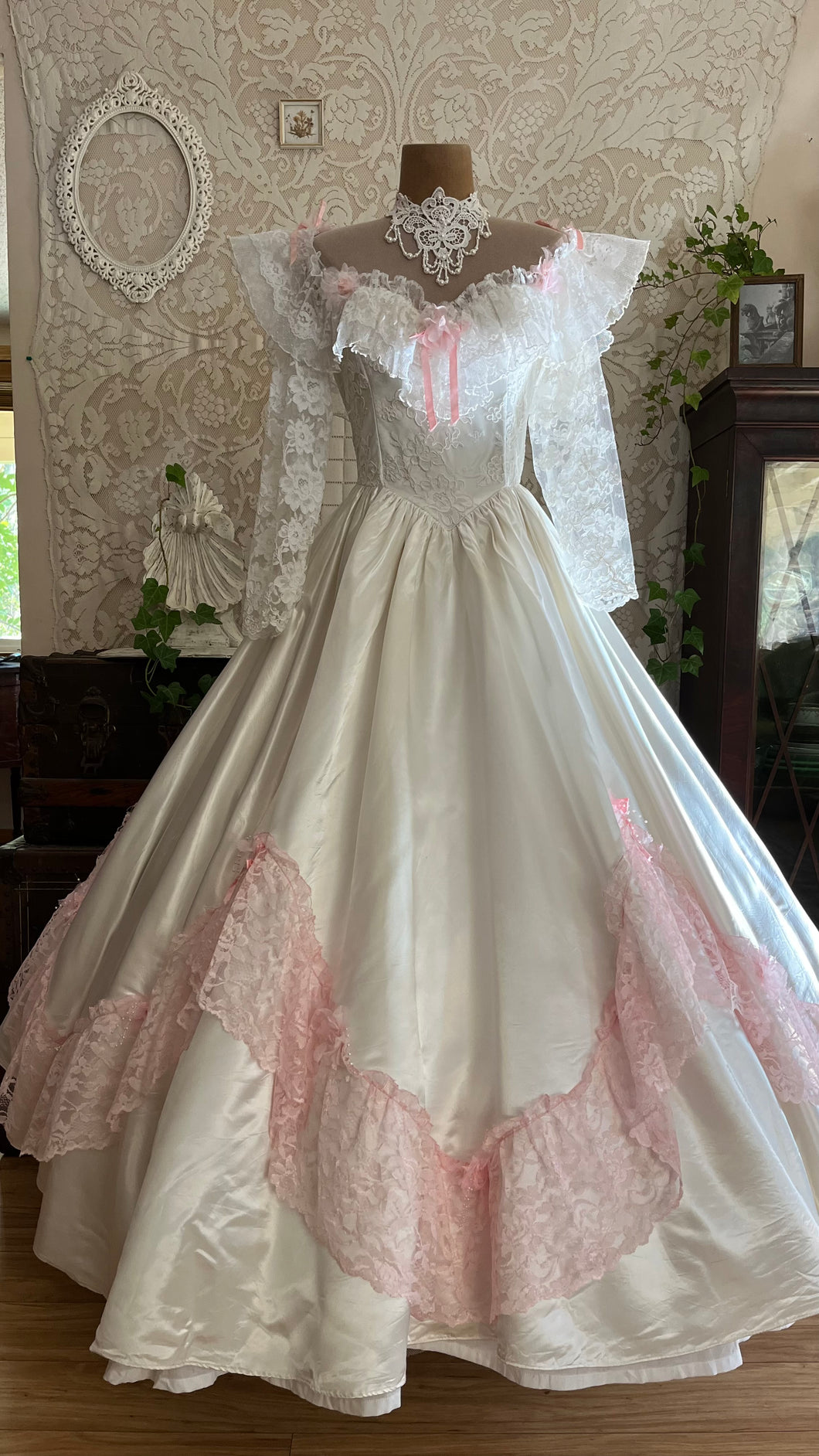 Incredible 1980’s Vintage White Satin and Pink Lace Dress