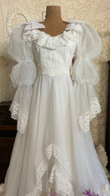 Load image into Gallery viewer, Fairytale 1980’s Vintage Old Stock White Lace and Chiffon Bridal Dress with Tiered Train
