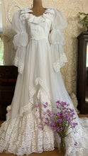 Load image into Gallery viewer, Fairytale 1980’s Vintage Old Stock White Lace and Chiffon Bridal Dress with Tiered Train
