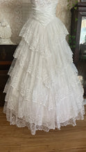 Load image into Gallery viewer, Stunning 1980’s Vintage White Satin and Tiered Lace Dream Dress
