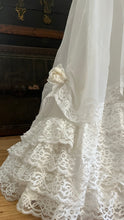 Load image into Gallery viewer, Fairytale 1980’s Vintage Old Stock White Lace and Chiffon Bridal Dress with Tiered Train
