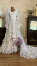 Load image into Gallery viewer, Fairytale 1980’s Vintage Old Stock White Lace and Chiffon Bridal Dress with Tiered Train
