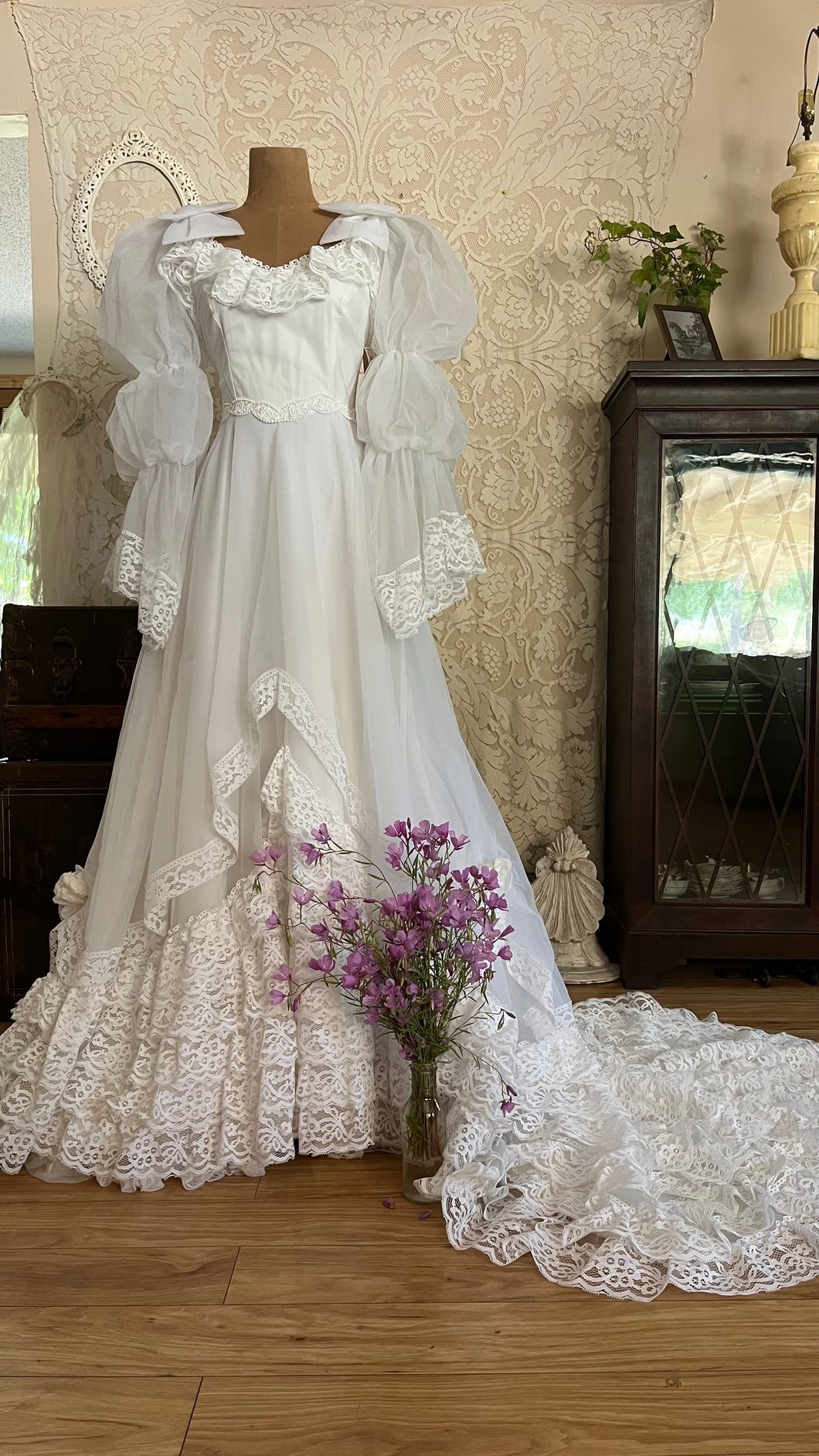 Fairytale 1980’s Vintage Old Stock White Lace and Chiffon Bridal Dress with Tiered Train