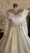 Load image into Gallery viewer, Incredible 1980’s Vintage White Satin and Pink Lace Dress
