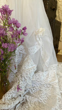 Load image into Gallery viewer, Fairytale 1980’s Vintage Old Stock White Lace and Chiffon Bridal Dress with Tiered Train
