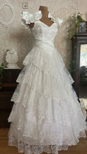 Load image into Gallery viewer, Stunning 1980’s Vintage White Satin and Tiered Lace Dream Dress
