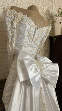 Load image into Gallery viewer, Spectacular 1980’s Vintage Beaded Satin Wiggle Dress with huge Bridal Cathedral Train and Bow
