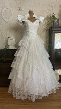 Load image into Gallery viewer, Stunning 1980’s Vintage White Satin and Tiered Lace Dream Dress
