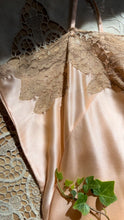 Load image into Gallery viewer, Fabulous 1930’s vintage peachy pink satin and ecru lace slip
