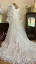 Load image into Gallery viewer, Fairytale 1980’s Vintage Old Stock White Lace and Chiffon Bridal Dress with Tiered Train
