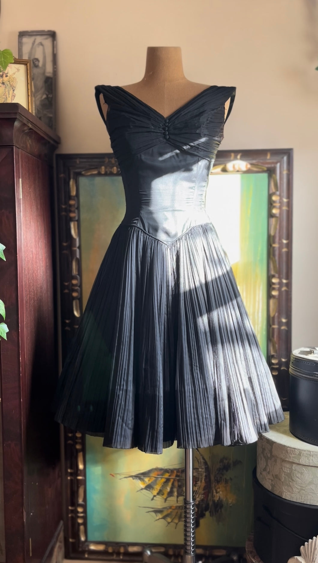 Darling 1950’s Vintage Little Black Pleated Chiffon Dress by Jonny Herbert