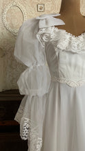 Load image into Gallery viewer, Fairytale 1980’s Vintage Old Stock White Lace and Chiffon Bridal Dress with Tiered Train
