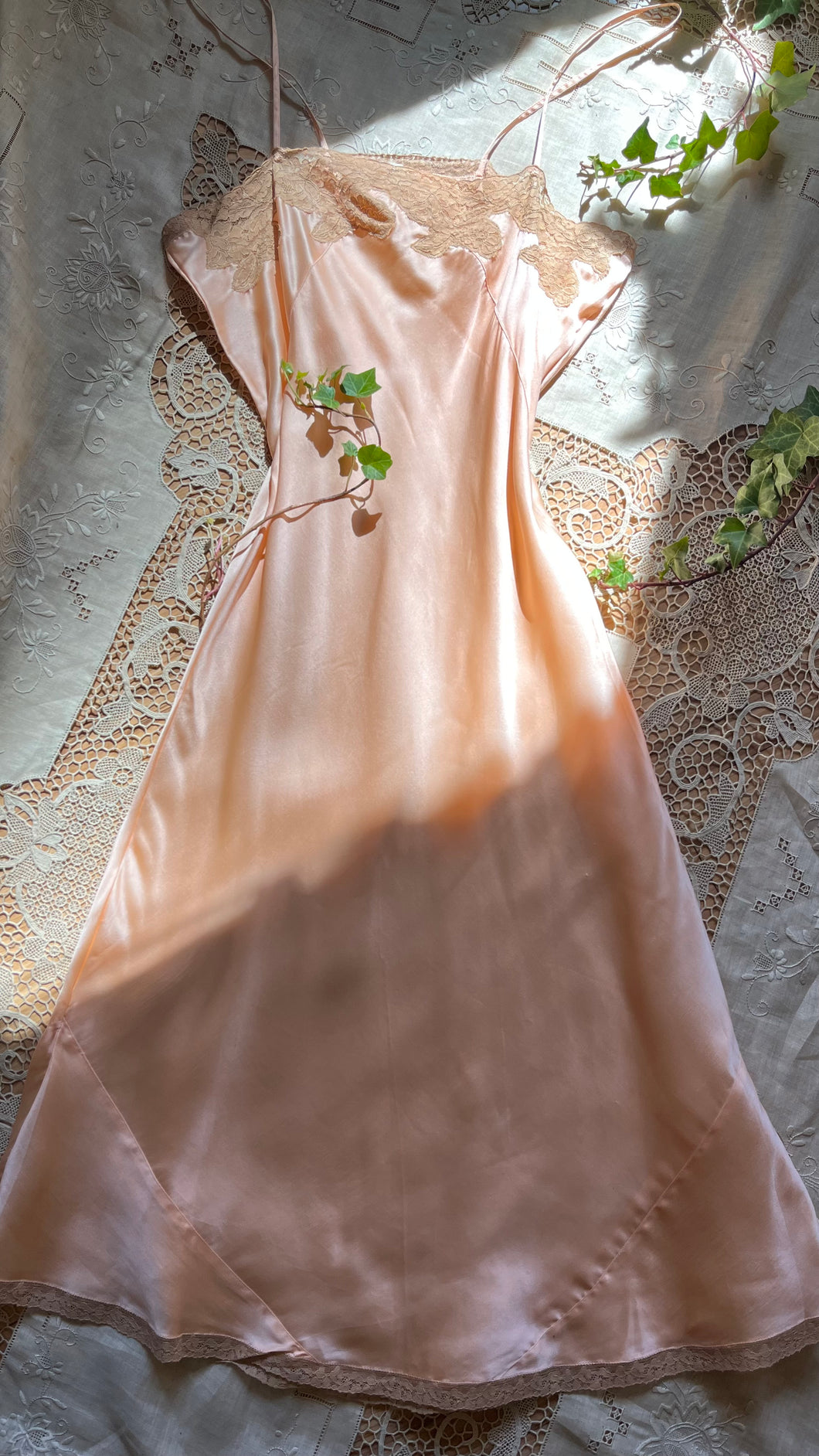 Fabulous 1930’s vintage peachy pink satin and ecru lace slip