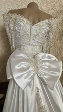 Load image into Gallery viewer, Spectacular 1980’s Vintage Beaded Satin Wiggle Dress with huge Bridal Cathedral Train and Bow
