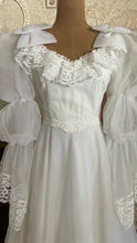 Load image into Gallery viewer, Fairytale 1980’s Vintage Old Stock White Lace and Chiffon Bridal Dress with Tiered Train
