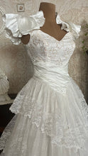 Load image into Gallery viewer, Stunning 1980’s Vintage White Satin and Tiered Lace Dream Dress
