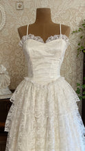 Load image into Gallery viewer, Darling 1980’s Vintage White Satin and Lace Sweetheart Dress
