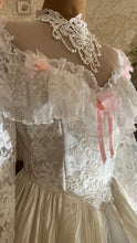 Load image into Gallery viewer, Incredible 1980’s Vintage White Satin and Pink Lace Dress
