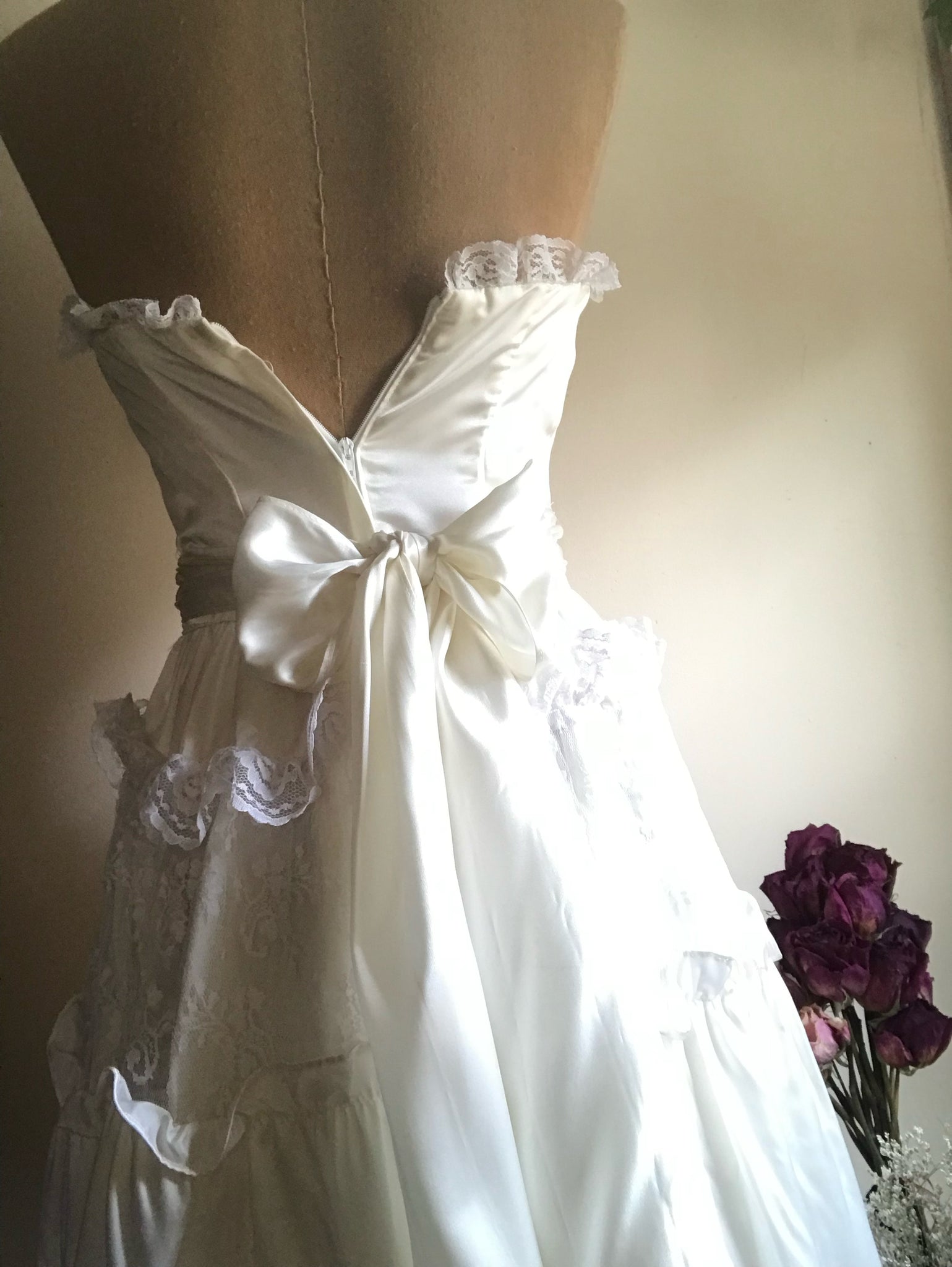 80s Tan White Grid Pattern Cotton Strapless Dress, Gunne Sax