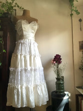 Load image into Gallery viewer, Authentic 1980’s Vintage White Satin and Lace Gunne Sax Strapless Dress
